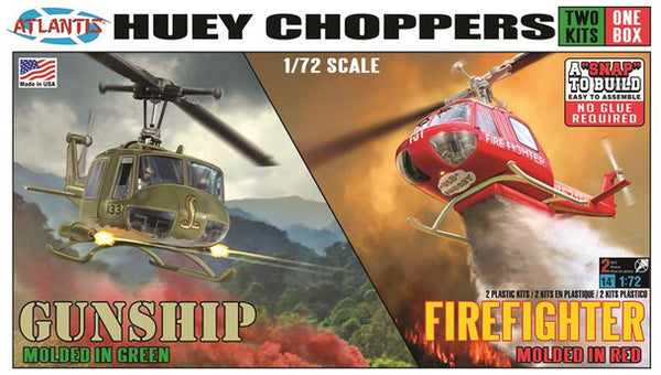 Atlantis Models Huey Choppers (2): US Army Gunship & Firefighter Helicopter (Snap)