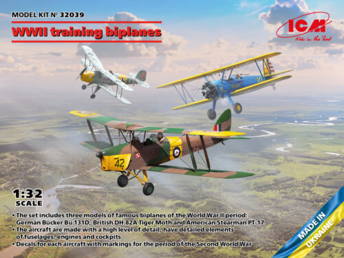 WWII Training biplanes (Bücker Bü 131D, DH.82A Tiger Moth, Stearman PT-17)