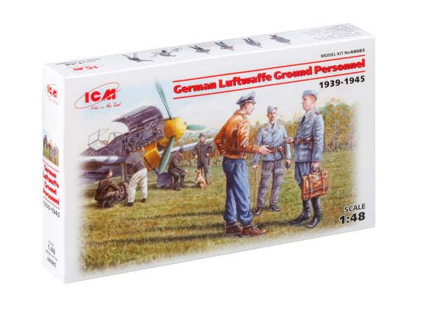ICM48085 - 1/48 ICM German Luftwaffe Ground Personnel (1939-1945)  (7 figures -  staff officer, 2 pilots, 4 mechanics, and dog figure)