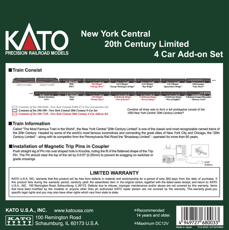 Kato USA Model Train Products N Scale New York Central 20th Century Limited 4-Car Add-on Set (106-7130)