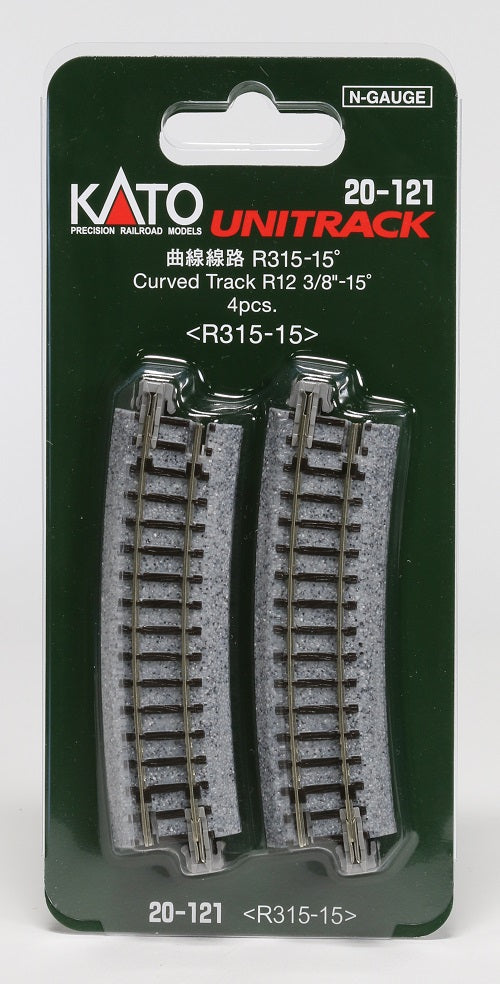 Kato USA Model Train Products Unitrack, 315mm (12 3/8") Radius 15-Degree Curve Track (4-Piece)