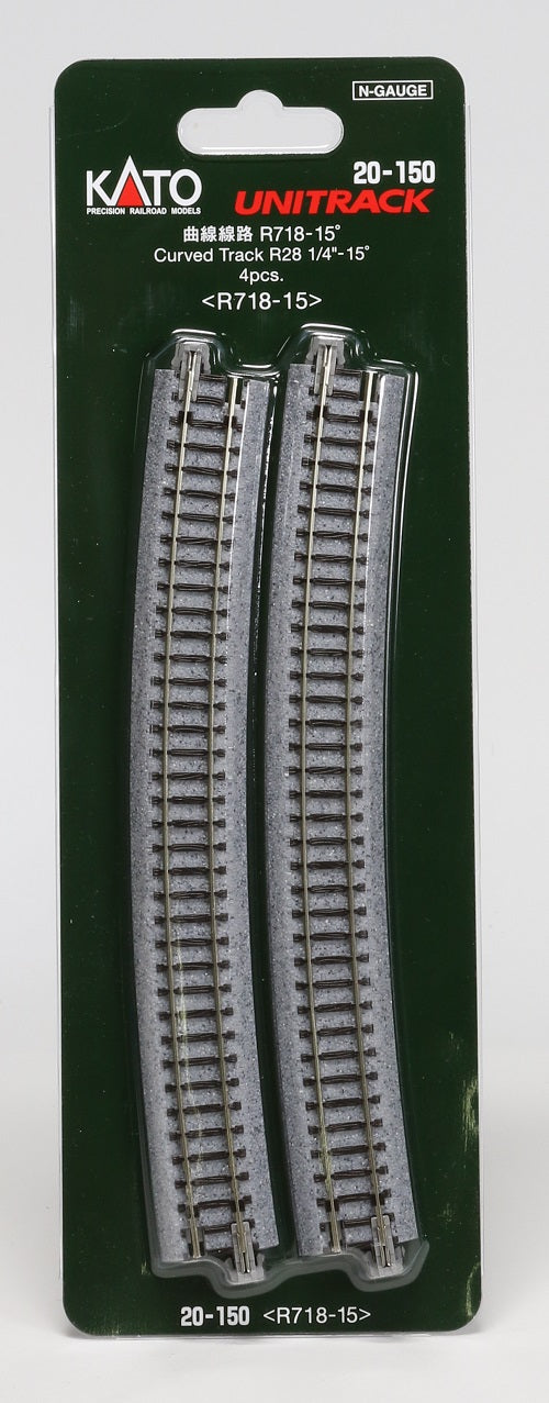 Kato USA Model Train Products Unitrack, 718mm (28 1/4") Radius 15-Degree Curve Track (4-Piece)