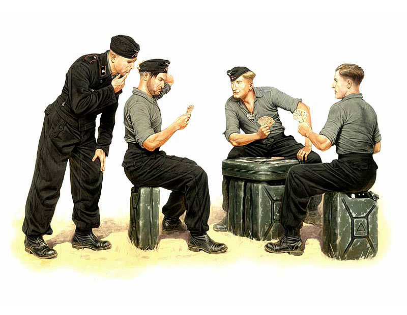WWII German Tankmen Skats Players (x4) & Jerry Cans (x6)