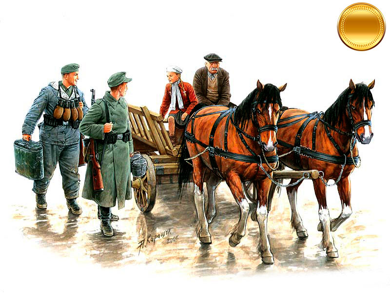 Somewhere in Europe 1944 (4 Figures 2 Horses & Cart) Plastic Model Kit