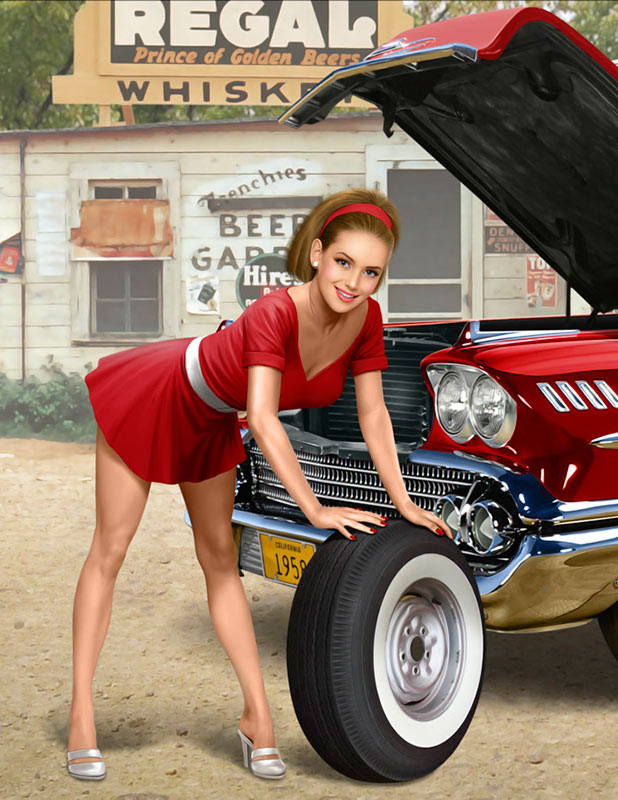 1960s Pin-Up Girl wearing Mini-Skirt Leaning Over
