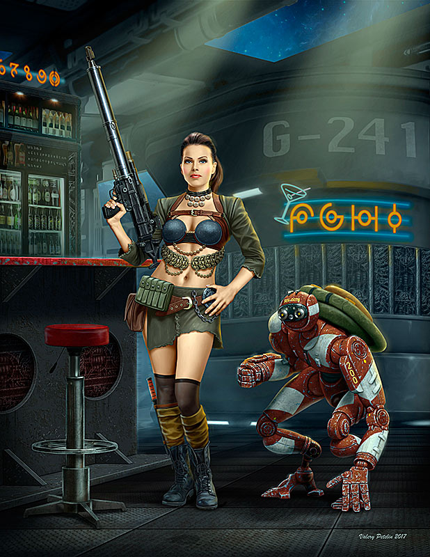 At the Edge of the Universe Female Warrior Holding Machine Gun & Fighti