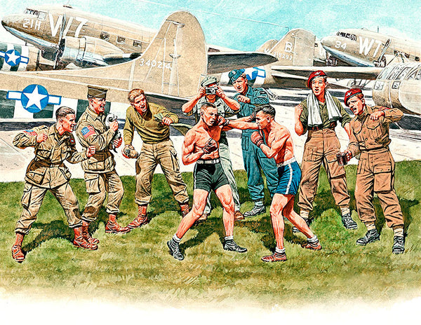 Friendly boxing match British and American paratroopers, WW II era