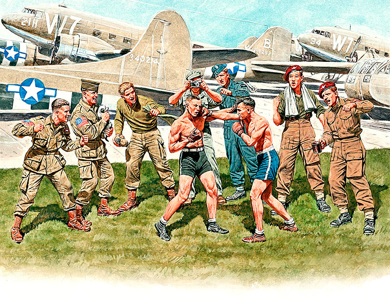 Friendly boxing match British and American paratroopers, WW II era
