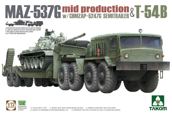 MAZ537G Mid Production Tank Tractor w/CHMZAP-5247G Semi-Trailer & T54B Tank (3 Kits)